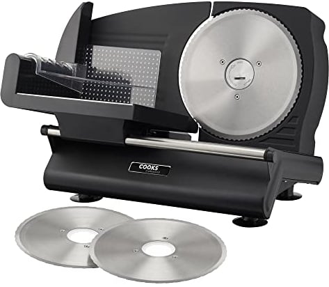 Cooks Professional Food Slicer for Home Use |Interchangeable Blades, Adjustable Thickness, Plastic Pusher Blade Guard, Non-Slip Feet | 150W Electric Slicing Cutter Machine for Bread, Meat, Cheese, Veg