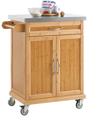 SoBuy Desserte de Cuisine à roulettes avec Plateau en Acier Inoxydable, Meuble de Rangement de Cuisine en Bambou, Meuble Plan de Travail pour Cuisine, Salle à Manger ou Restaurant 66x92x46 cm FKW13-N