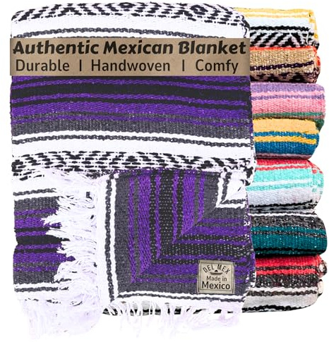 Del Mex Classic Mexican Blanket, Large Authentic Woven Falsa Throw (70x50), Artisan Southwest Décor for Beach, Yoga, Outdoors (Purple)