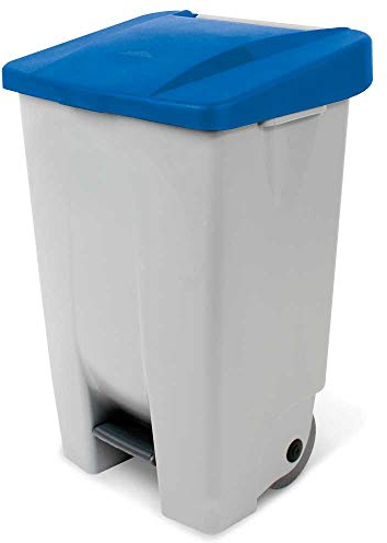 Poubelle à pédale avec roulettes, capacité 80 litres, HxLxP 740 x 490 x 420 mm, corps gris, couvercle bleu