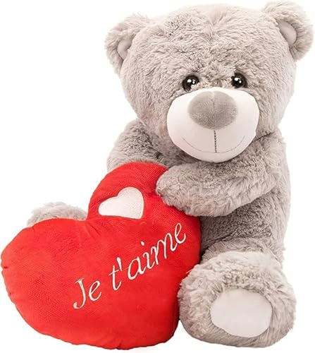 ILOVEFANCYDRESS Teddybär aus grauem Plüsch, 40 cm, in diesen Armen ein Herz, auf dem der Schriftzug I Love You geschrieben ist. Ideal für den Valentinstag.