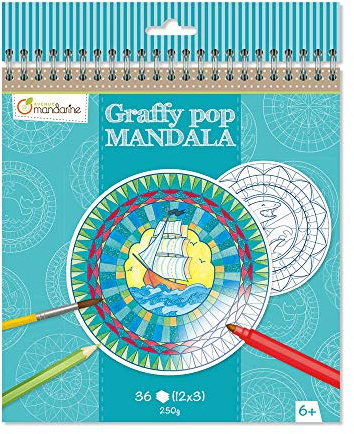 MY MANDARINE GY028O - Malblock Graffy Pop Mandala, 36 vorgestanzte Mandalas (12 Designs x3), 250g Zeichenpapier, ab 6 Jahren, Junge Tiere und Reise, 1 Stück