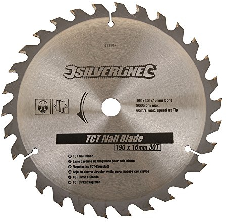 Silverline 633507 Lame TCT pour bois clouté 30 dents 190 x 16 mm sans bague de réduction