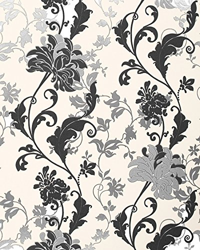 Wallpaper Flowers EDEM 833-20 Floral Design Flowers Leaves Floral wallcovering Black White Silver Cream 2.3 ft