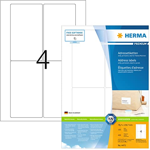 HERMA 4472 Versandetiketten, 100 Blatt, 78,7 x 139,7 mm, 4 pro A4 Bogen, 400 Stück, selbstklebend, bedruckbar, matt, blanko Papier Adressetiketten Aufkleber, weiß