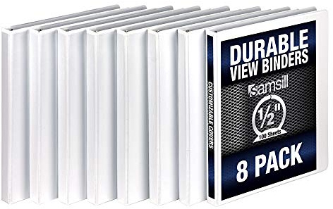 Samsill 8 Pack Durable 0.5 Inch 3 Ring Binders, Round Ring, Clear View Cover for Presentations, White