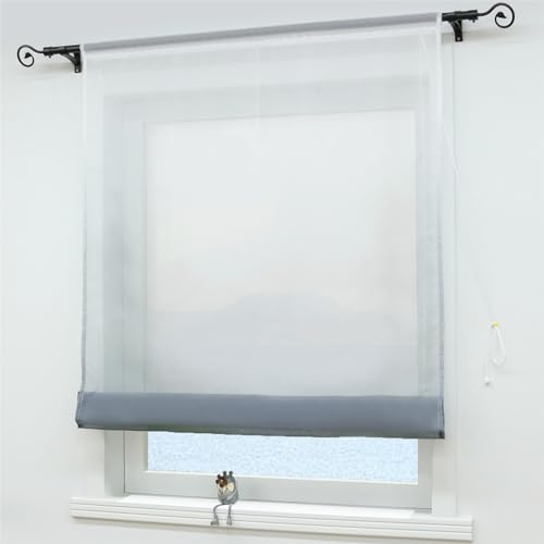 ESLIR Raffrollo Voile Raffgardine Tunnelzug Farbverlauf Gardinen Küche Transparent Bändchenrollo Vorhänge Modern Grau BxH 80x140cm 1 Stück
