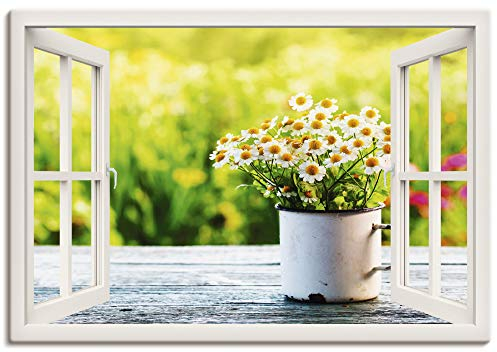 ARTLAND Wanddeko Leinwand Bilder Wandbild 100x70 cm Fensterblick Fenster Botanik Blumen Gänseblümchen Garten Frühling T4UG