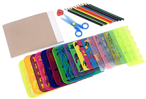 ewtshop® Jumbo Schablonen-Set, 34-tlg., inkl. 20 Malschablonen + Bastelschere + Block + 10 Buntstiften Inkl. praktischer Tragetasche. Zeichenschablonen, Schablonenmalerei, Stencil-Set