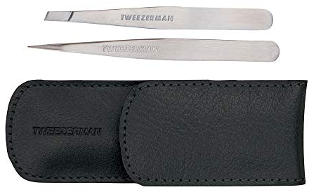 TWEEZERMAN Petite pincette set (étui en cuir, pinces à épiler biseautées et pointues, épilation des sourcils, acier inoxydable), noir