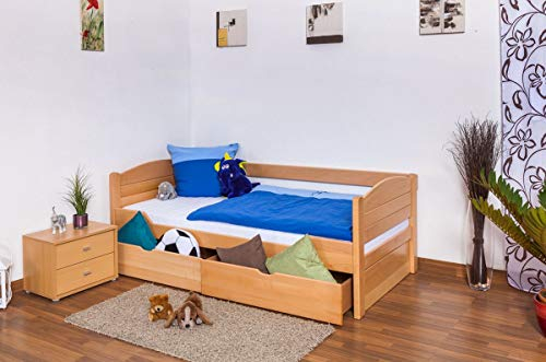 Kinderbett/Jugendbett Easy Premium Line K1/s Voll inkl 2 Schubladen und 2 Abdeckblenden, 90 x 200 cm Buche Vollholz massiv Natur