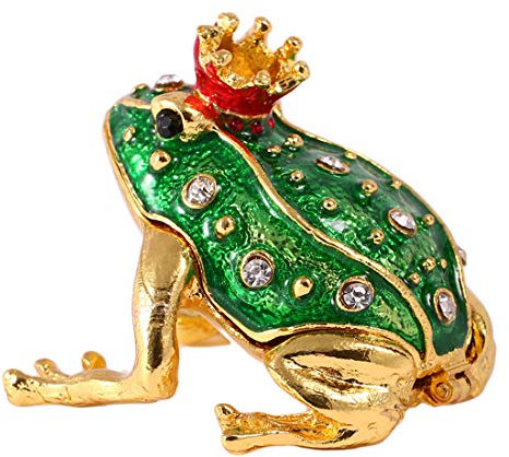 YU FENG Crystal Jeweled Crown Frog Trinket Box Hinged Collectible Frog Figurine Decor Ring Holder Hand-Painted Decorative Jewelry Holder Box