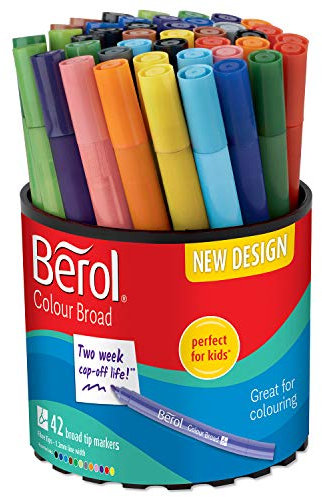Berol Felt Tip Colouring Pens | Broad Point (1.2mm) | Assorted Colours with Washable Ink | Tub of 42 Markers