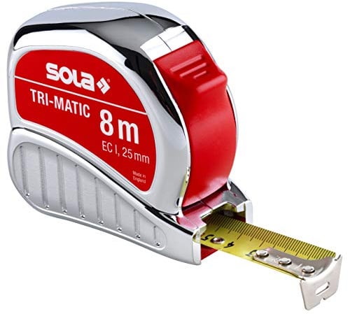 SOLA TRI-MATIC - Bandmaß 8m / 25mm - Profi-Taschenbandmaß mit Gürtelclip - Stahlband, gelb lackiert mit mm Skala - Genauigkeitsklasse I - Rollmeter mit beweglichem Endhaken - Länge 8m/25mm