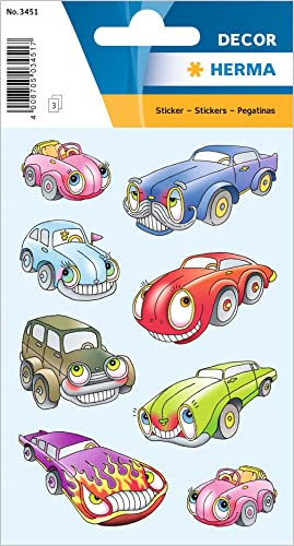 HERMA 3451 Aufkleber Autos klein groß, 24 Stück, Auto Sticker mit lustigen Fahrzeug Gesicht Motiv, Kinder Etiketten für Fotoalbum Tagebuch Poesiealbum Scrapbooking Geburtstag Deko Briefe DIY Basteln