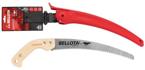 Bellota 454MR13, Serrucho de poda Guepardo con hoja curva de 13, dentado japonés y mango de madera recto, Incluye funda