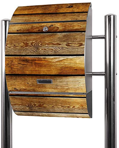 banjado® Standbriefkasten Edelstahl mit Zeitungsfach Motiv Holzbretter/Briefkasten mit Standfuß/Edelstahl Briefkasten freistehend - A4 Einwurf inkl. 2 Schlüssel