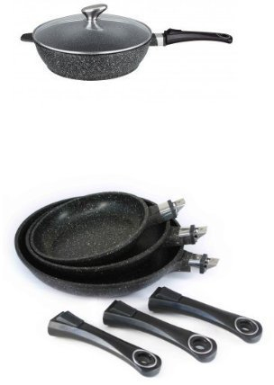 Pradel Excellence Sauteuse Façon Pierre en Fonte avec Lot de 3 Poêles Façon Pierre
