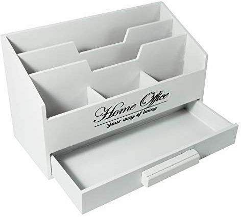 Schreibtisch-Organizer Weiß Mit 5 Fächern Und Schublade - Holz Briefbox Ständer Briefablage Letterbox Ablage Büro Organizer Schreibtisch Briefständer Briefhalter Utensilio