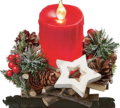 hellum LED Wachskerze mit Kranz, Ø 17cm x 14cm hoch, LED Kerzen rot mit warmweißer Flamme, Kerzen mit Batterien (2xAA nicht inkl.), Weihnachtsbeleuchtung Deko, Echtwachs Kerze 522075