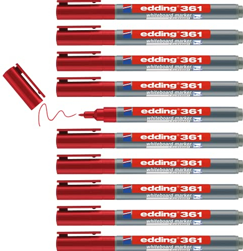 edding 361 Whiteboardmarker - rot - 10 Whiteboard Stifte - Rundspitze 1 mm - Boardmarker abwischbar - für Whiteboard, Flipchart, Magnettafel, Pinnwand, Memoboard - Sketchnotes - nachfüllbar