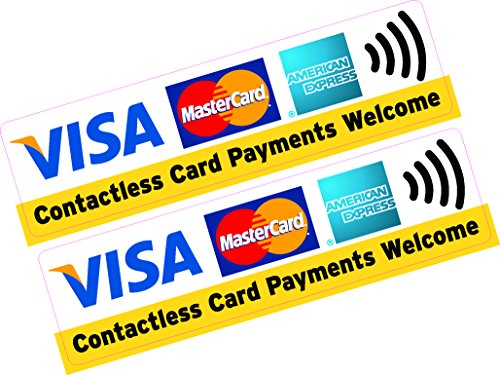 2 x bedruckte Vinylaufkleber mit „Visa, Mastercard, American Express Contactless Card Payments Welcome“ für Geschäft und Taxi.