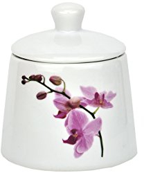 Van Well Zuckerdose Kyoto, 250 ml, Ø 90 mm, H 100 mm, runder Zuckerspender + Deckel, Porzellan-Geschirr, Blumen-Dekor Orchidee, rosa-rot, pink, Gastro