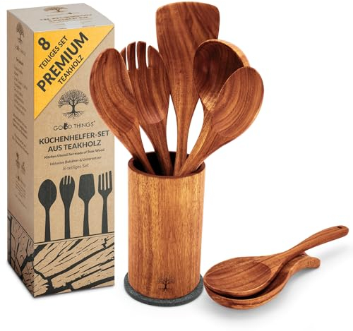 GOOD THINGS - Set di posate da cucina in legno di teak – Set di 8 cucchiai in legno – Durevole e naturale – Resistente al calore e pratico – Set di cucchiai in legno – Utensili da cucina – Utensili in
