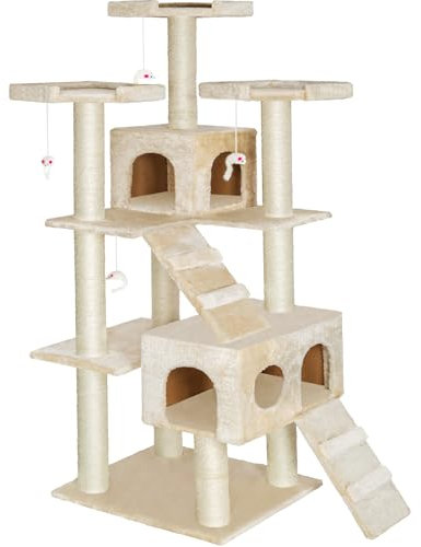 tectake® Rascador para Gatos Árbol para Gatos, 2 Casetas, 3 Plataformas, 4 Juguetes Ratón, Acabado de Calidad, Robusto, Arbol Gato, Rascador, Cama para Gatos, Juguetes para Gatos - 186 cm Beige