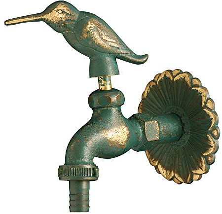 Sanifri 470010214 Nostalgie-Auslaufventil, Messing-patiniert mit Tiermotiv Vogel. Langer Wandabstand mit massiver Wandrosette