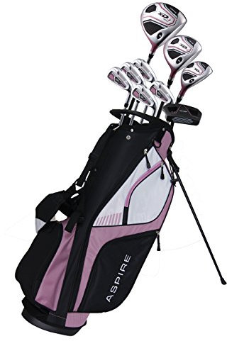 Aspire XD1 Womens Golf Clubs Full Set, Includes Driver, Fairway, Hybrid, 6-PW Irons, Putter, Stand Bag, 3 H/C's, Ultra-Light Graphite Shafts, Golf Clubs Women Right Handed, Comes in 3 Sizes, Pink