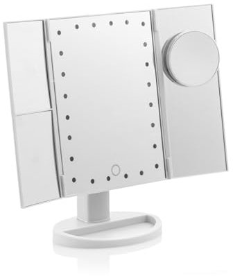 InnovaGoods - Espejo LED Aumento 4 en 1, Espejo 24 LED Luz Blanca, Ángulos Ajustables 360º, Zonas de Aumento x1 x2 x3, Función Pilas y USB, Tamaño 18x29x12cm, Color Blanco.