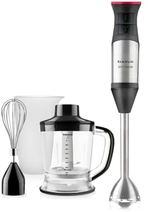 Taurus Bapi 1200 Plus Inox | Batidora de Mano Inox | 1200W de potencia | Bate y Pica Hiello | Agarre Ergonómico | 3 Accesorios | Vaso 700ml | Jarra picadora 1L.