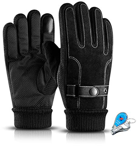 KXF Thermo-Handschuhe für Herren, Leder, Winter, wasserdicht, dick, warm, mit Fleece gefüttert, winddicht, kältebeständig, Touchscreen-Handschuh für Radfahren, Fahren, Laufen, Camping, Wandern