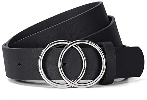 JasGood Damen Ledergürtel Mode Doppel O-Ring Schnalle Gürtel für Jeans Hosen Kleider,Schwarz/Silberne Schnalle,100cm