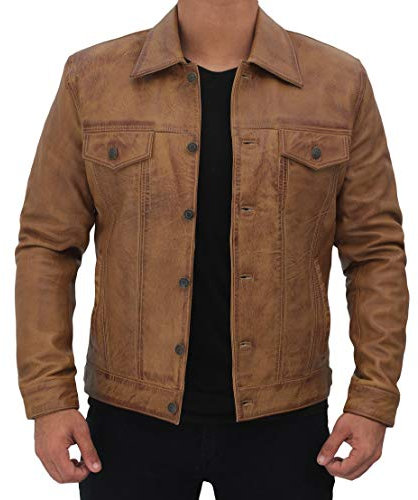 Decrum Lederjacke für Herren – echtes Lammfell Vintage Trucker Herren-Lederjacken, Camel - Fernando Lederjacke Herren, XL