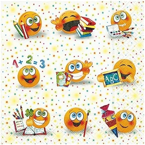 Servietten Schul-Anfang School Fun Emojis mit Buchstaben & Zahlen - Tisch-Deko Dekoration Schule ABC-Schützen Einschulung Junge & Mädchen 60 Servietten