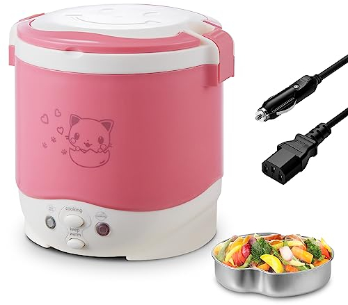 OSBA Small Rice Cooker,12v Portable Travel Rice Cooker For Car, Cooking Heating and Keeping Warm Function, Can be Used As a Electric Lunch Box (Pink)