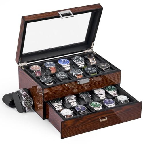 BEWISHOME Uhrenbox mit 20 Fächer Uhrenkasten mit Glasdeckel,Luxuriöser Uhrenkoffer für Männer,Glattem Kunstlederinterieur,Metallverschluss,Geschenkideen Uhrenbox Herren,Uhrenaufbewahrung Braun ESSH04Y