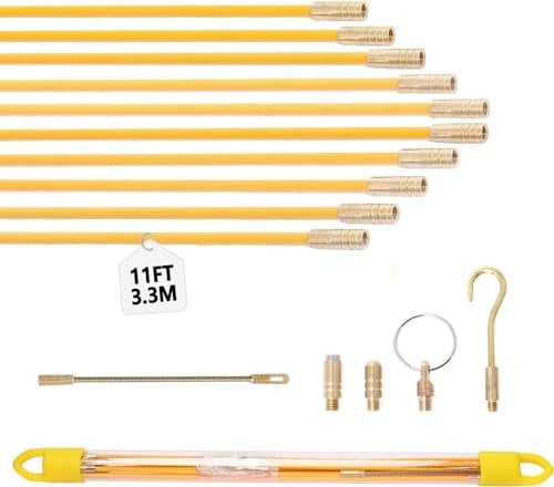 11ft(3.3m) Cable Rod, Fiberglass Fish Tank Kit Connectable Cable Puller Pull Push Electrical Wire Rods with Various Accessories by Poweka - (Yellow, 10Rods x 33cm)
