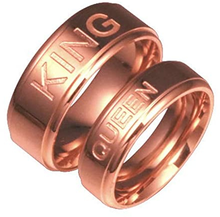 Aotiwe Verlobungsring Paar, Claddagh Ring Herren mit Gravur QUEEN and KING Edelstahl Rosa Gold W 52 &M 57