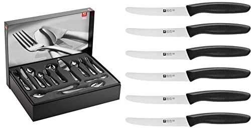 ZWILLING Besteck-Set, 68-tlg, Für 12 Personen, 18/10 Edelstahl/Hochwertiger Klingenstahl, Poliert, Nottingham & Messer-Set, 6-tlg, Küchenmesser, Klingenlänge: 12 cm,Twin Grip