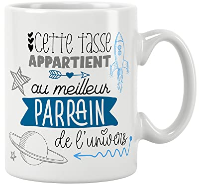 ÉNJA Création. Mug parrain. Parrain/Tasse – Le meilleur de l'univers - Futur parrain - Cadeau anniversaire, fête ou noël Cadeau original. Céramique haute qualité 11oz - 320 ML (PARRAIN)