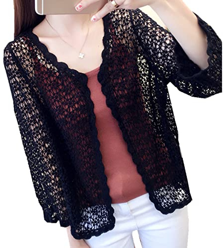 Berax Damen Strickjacke Elegante Häkeln Hohl Langarm Bolerojacke Summer Cardigan Jacket Bikini Cover Up