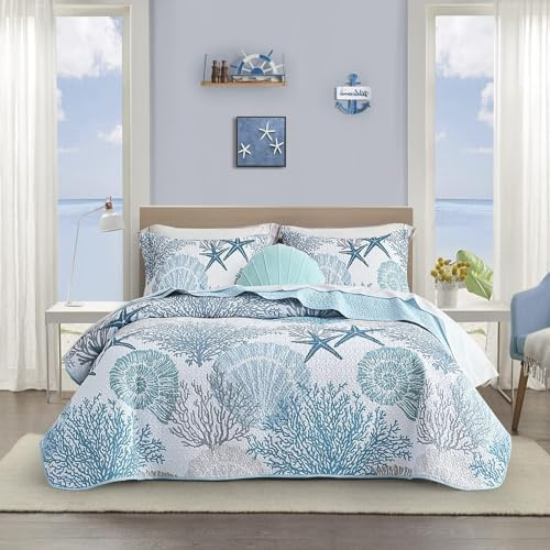 Tritard 3-teiliges Bettwäsche-Set für Doppelbett/Queen-Size-Bett, wendbar, Mikrofaser, mit 2 Kissenbezügen, weich, leicht, Strand-Bettwäsche, nautische Tagesdecke, Sommerdecke für alle Jahreszeiten,