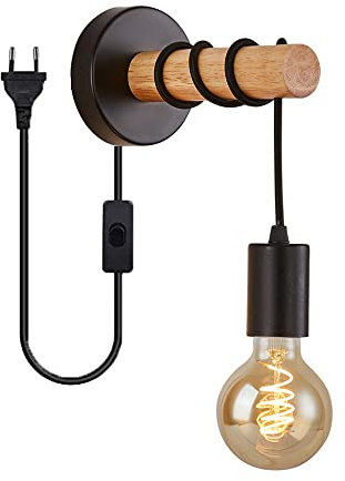 Lámpara de pared de madera Vintage industrial, Retro Aplique de pared con interruptor y enchufe, 1,8 m de cable, lámpara de noche Metal E27 para Sala de Estar Dormitorio Pasillo restaurante (Negro)