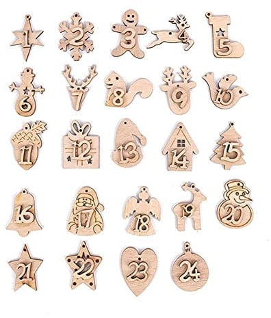 Ericetion 24pcs Christmas Calendar Pendant Advent Calendar Numbers Wooden Number 1-24 Labels Digital Countdown Christmas Craft Bag Charm