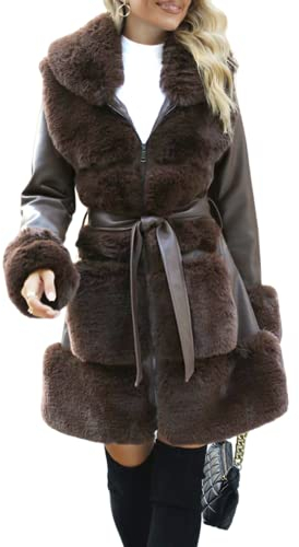 Giolshon Giacca in Pelliccia Sintetica da Donna con Cappuccio e Cintura Parka da Motociclista Addensato in Pile Sherpa Capispalla 241 Caffè L