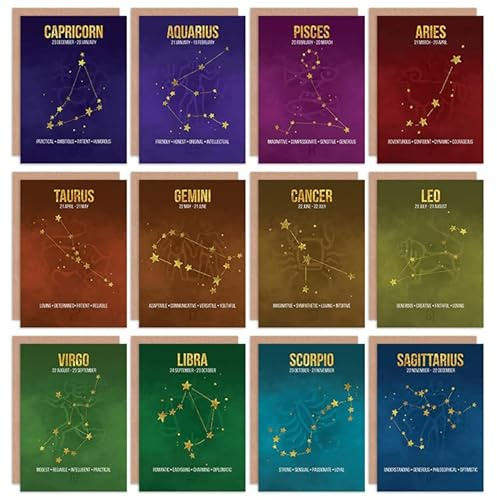 Wee Blue Coo Zodiac Birthday Cards Astrology Star Signs Constellation Blank Greeting Cards With Envelopes Pack of 12
