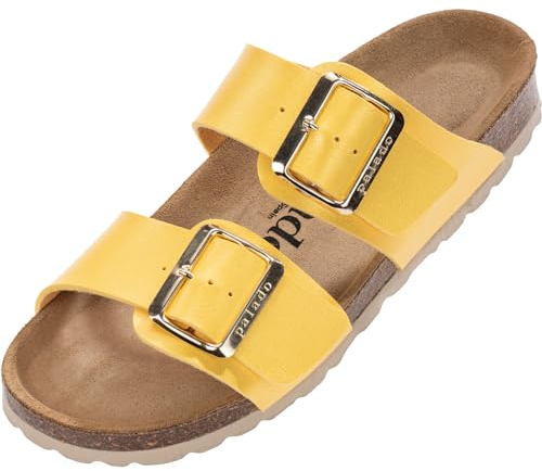 Palado Pantoletten Damen Samos EGS - bequeme Sandalen Made in Spain - Hausschuhe mit dämpfendem Kork-Fußbett - modische Sommerschuhe Gelb Metallic UK6 - EU39